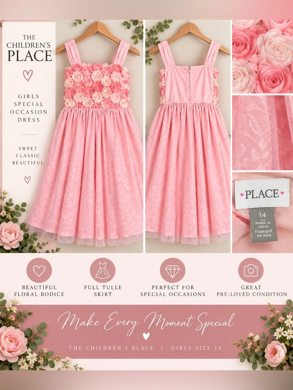 The Children's Place Pink Floral Rosette Tulle Party Dress